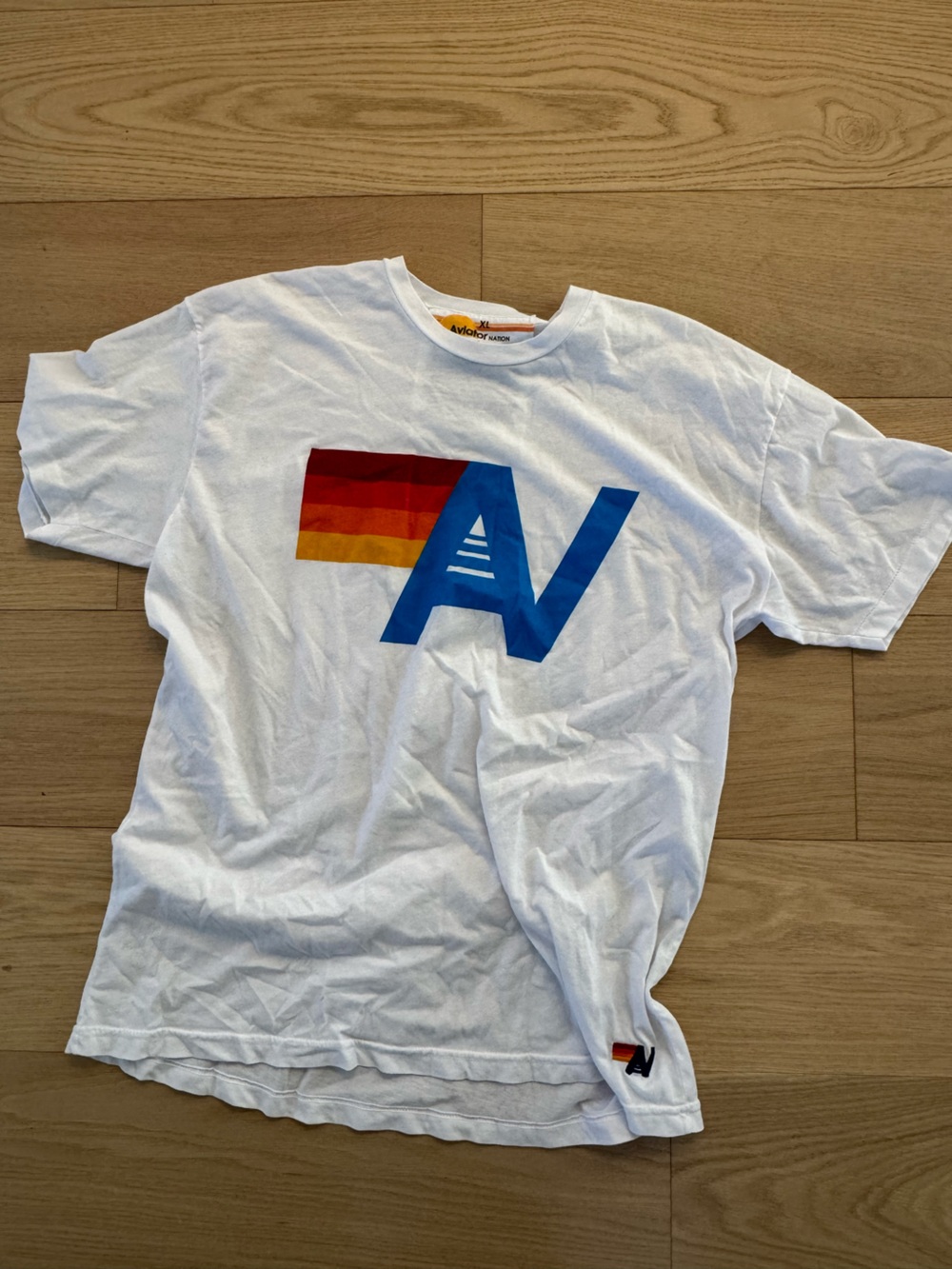 Aviator Nation White Tee with Blue 'A' and Sunset Stripe